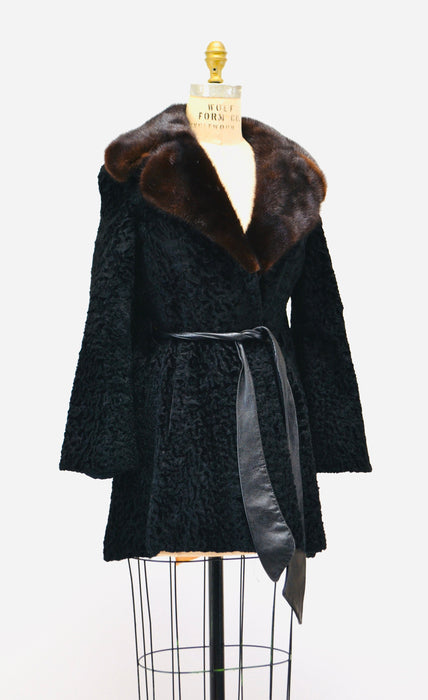 Vintage Black Persian Lamb Mink Fur Collar Coat Jacket Black Brown Broadtail leather Belted Jacket Trench Small Medium By Galleries Furs