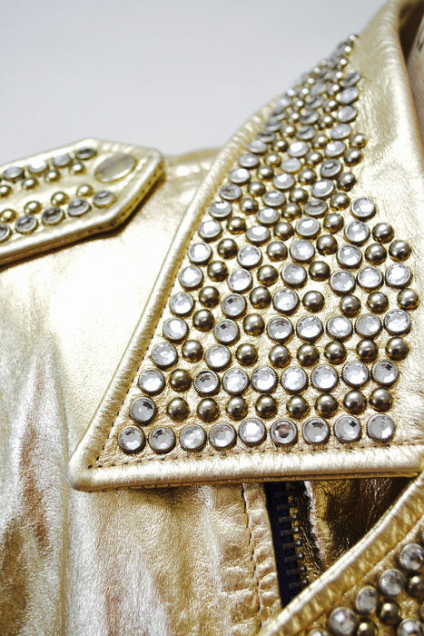 Amazing Vintage Gold Leather Biker Jacket with Rhinestones Gold Studs Large XL// Metallic Studded Gold Leather Moto Jacket LA ROXX