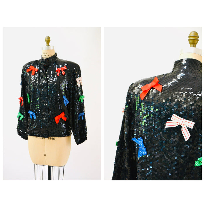 Vintage Black Sequin Jacket With Bows Ribbons 80s 90s Pop art Sequin Jacket Red Blue White Green Metallic Sequin Jacket Medium