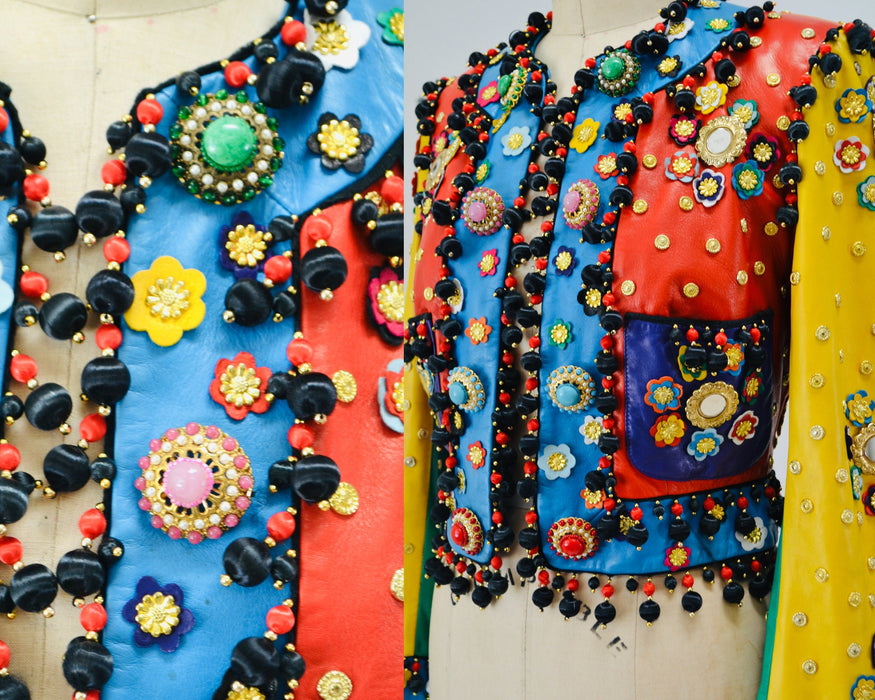 Vintage 90s Moschino Leather Jacket Gold Metallic 1991 Spring Summer Moschino Studded Leather Jacket Red Blue Green Yellow Made in ITaly