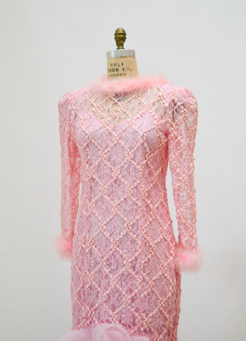 80s Vintage Pink Sequin Feather Dress Gown Pat Richards Medium// 80s 90s Vintage Pink Prom Barbie Bridesmaid Party Dress Gown Pink Princess