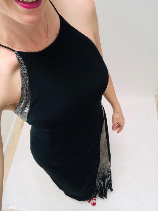 90s 2000s Y2K Vintage Black Evening Dress Gown Black Y2K Prom dress Long Black Tank dress with Silver Beading Cache Party Dress Small Medium