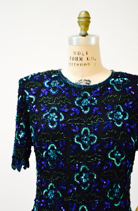 Vintage Black Sequin Shirt top Large XL Black blue beaded shirt // 80s Vintage Metallic Sequin Top Black Art Deco Flapper Laurence Kazar