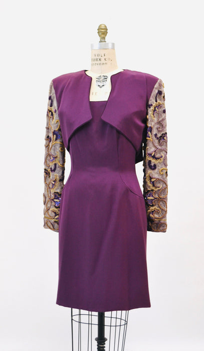90s Vintage Silk Beaded Sequin Metallic Jacket and Strapless Dress by Raoul Arango Purple Wine Cocktail Dress Sequin Bolero Jacket Medium
