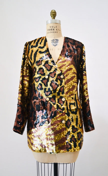 80s 90s Vintage Sequin Jacket Black Small Medium Leopard Cheetah Animal Pattern// 90s Metallic Gold Black Sequin Jacket French Collizioni