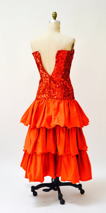 Vintage Red 80s Party Prom Dress Sequin Evening Gown Strapless Red XS Small// 80s Prom Pageant Dress Red Sequins Strapless Gown XS Small