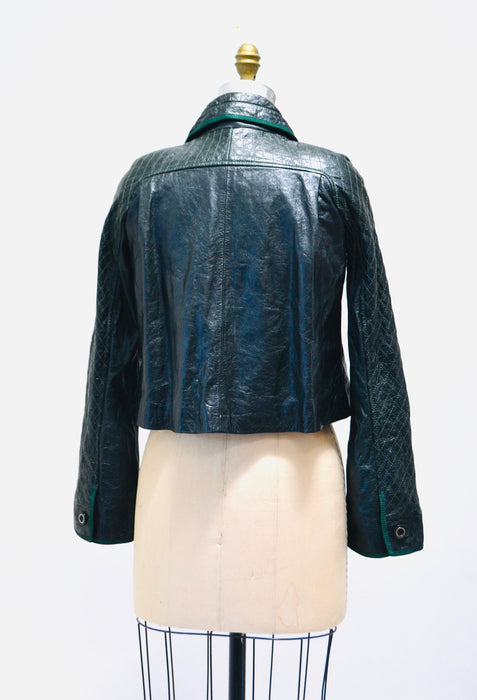 Vintage Just Cavalli Dark Green Leather Quilted Jacket XS Small Roberto Cavalli Leather Jacket// Vintage Green Moto Swing Leather Jacket
