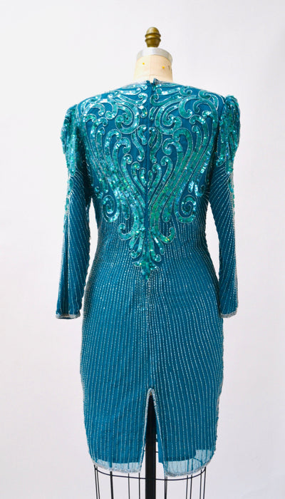 80s 90s Vintage  Blue Green Sequin Beaded Dress Flapper Inspired Cocktail  Dress Small in Teal Blue Long Sleeve 80s 90s Party Pageant Dress