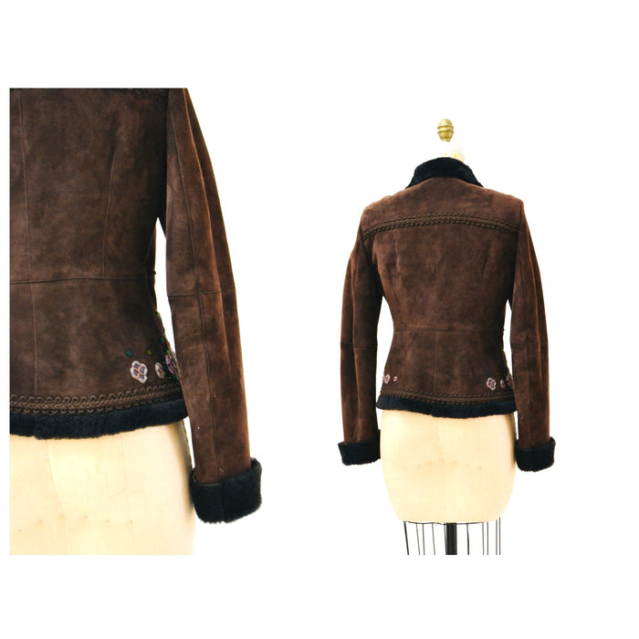 90s 00s Y2k Vintage Moschino Cheap and Chic Embroidered Shearling Sheepskin Jacket Afghan Coat Brown Purple Flower Jacket Small Medium