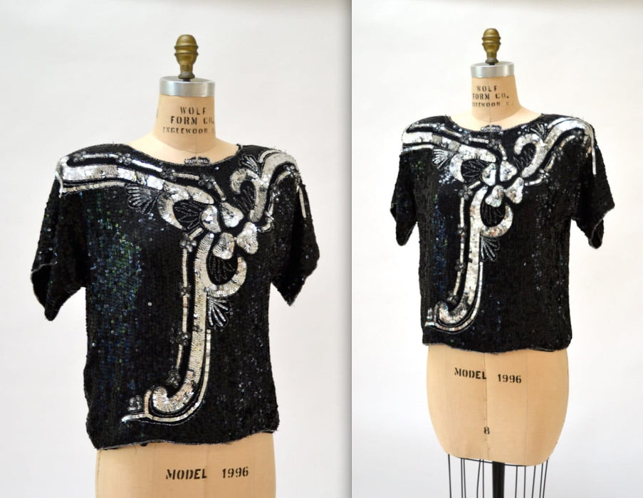 Vintage Black Sequin Top Shirt Black Silver Small Art Deco Flapper Inspired// Vintage Metallic Sequin Shirt Top Silver Black Small