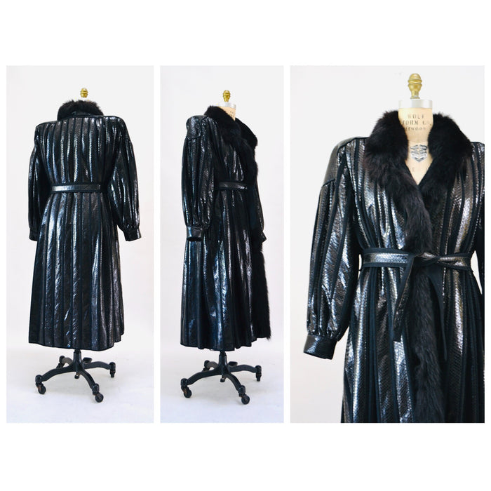 Vintage 80s Beltrami Black Snakeskin Fox Fur Coat Jacket Medium Large Made in Italy Vintage Designer Black Fur Snakeskin Coat Jacket Wool