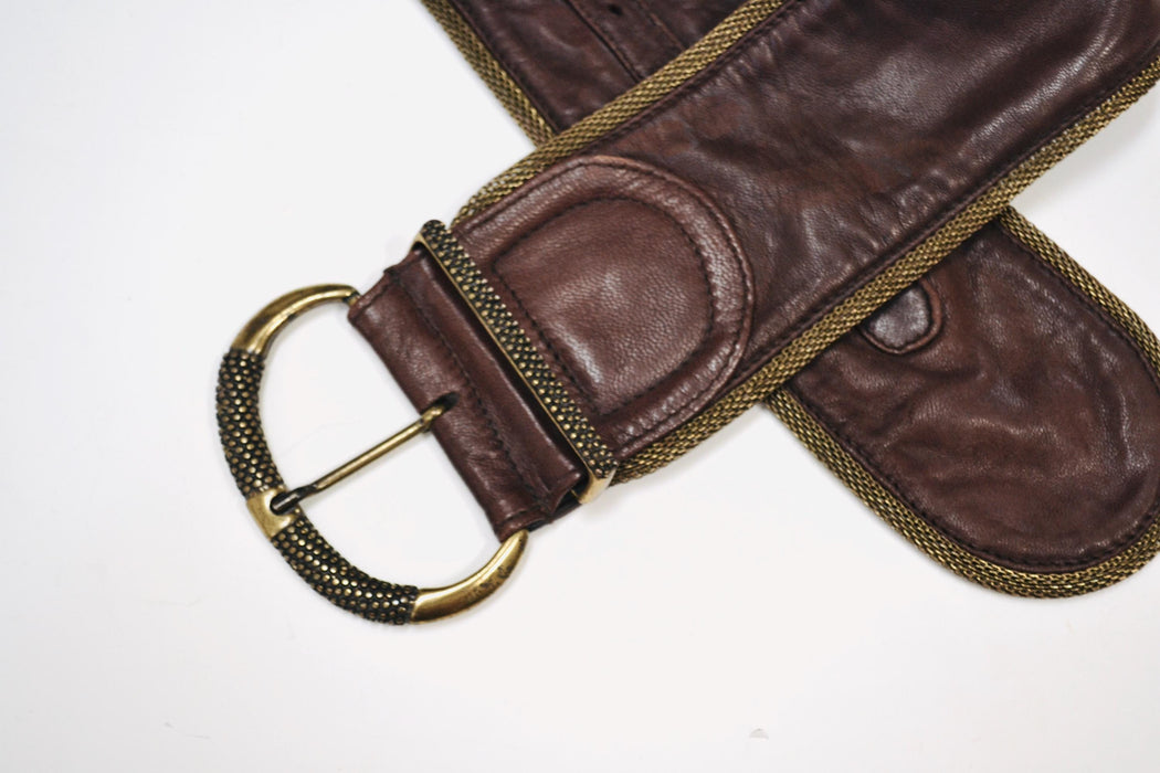 90s Y2K Vintage Large Brown Leather Belt Bronze Gold Wide Brown Leather Belt Boho Wedding Wide Brown Leather Belt Small Medium Made in Italy