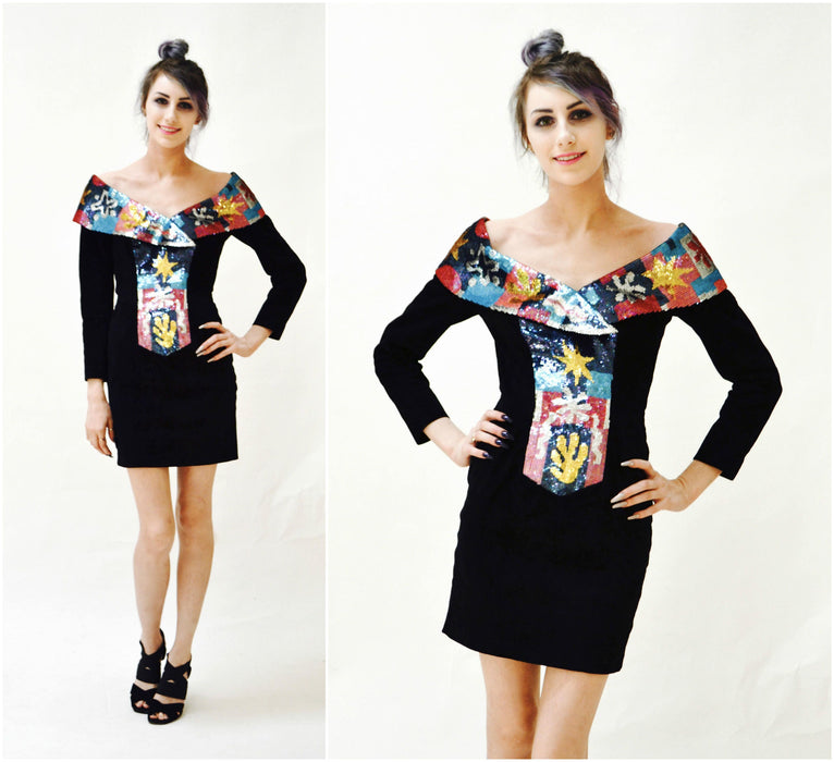 90s Black Leather Suede Dress Metallic Sequin Black Body Con Dress by Michael Hoban North Beach XS Henry Matisse Art Art Basel Long Sleeve