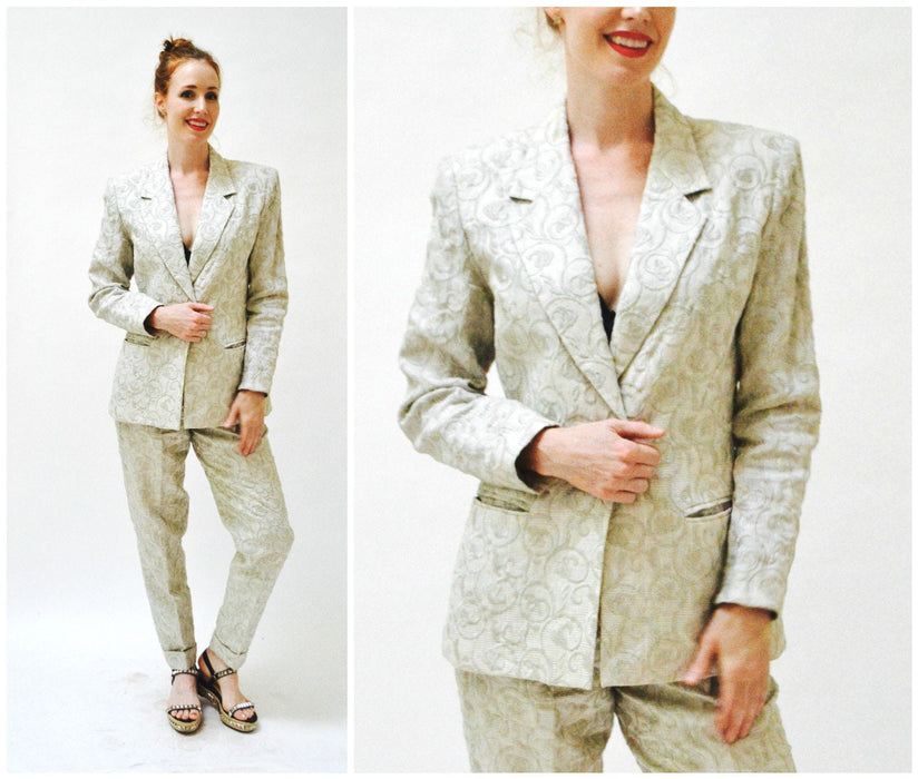 90s 00s Vintage Embroidered Linen Suit Jacket Pants in Khaki Tan Small Medium By Richard Mishann // 90s Vintage Linen Suit Jacket Pants