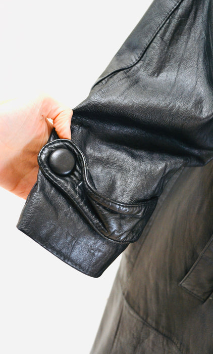80s 90s Gorgeous Vintage Black Leather Jacket Trench Coat Long Black Leather Jacket Small Medium // Vintage Black Leather Trench Coat Jacket