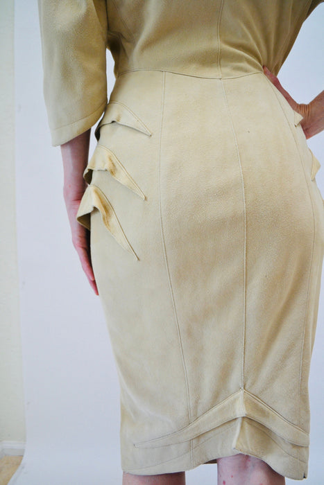 80s 90s Vintage Thierry Mugler Leather Dress Spring Summer 1989 Thierry Mugler Paris Tan Sueded Leather Dress Small Medium 24 Woman Dress