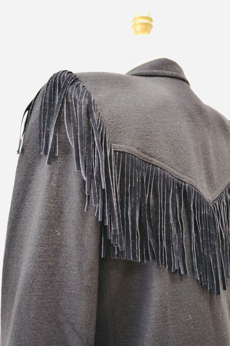 80s 90s Vintage Black Fringe Wool Jacket Blazer Medium// 80s Black Fringe Western Rockstar Black Blazer Jacket Cowgirl Criscione