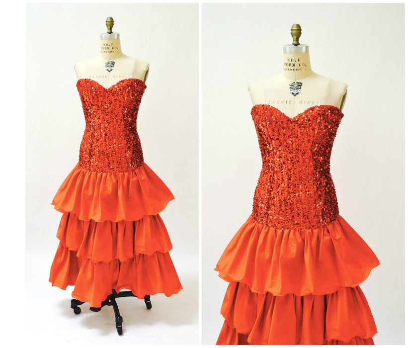 Vintage Red 80s Party Prom Dress Sequin Evening Gown Strapless Red XS Small// 80s Prom Pageant Dress Red Sequins Strapless Gown XS Small