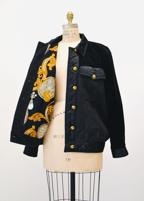 Vintage 80s 90s Black Gold Denim Jacket Quilted Black Jacket By  Laurel Medium Large// Vintage Black Gold Denim Satin Jacket Made in Italy