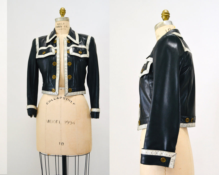 90s Vintage Black Leather Jacket by Moschino Leather Small Made in Italy// 90s Black Leather Jacket Tape Measure Trim Designer Seamstress