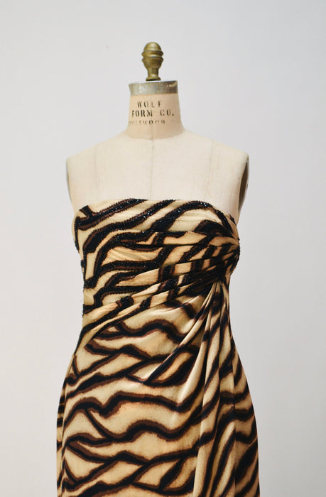 2000s y2k Vintage Bob Mackie Gown Dress Zebra Animal Print Beaded Dress Strapless Silk Evening Gown Small Medium Bob Mackie Pageant Dress