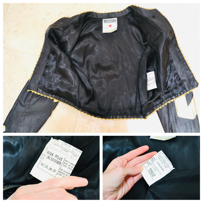 90s Vintage Moschino Peace LOVE NOW Leather Jacket Vintage Black Gold Metallic Leather Heart Jacket by Moschino Leather Medium
