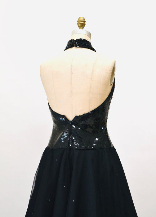 80s 90s Vintage Black Sequin Halter Neck Sequin Dress Cocktail Party Dress Rose Taft Small// 80s Glam Black Pageant Dynasty Dress Ball Gown