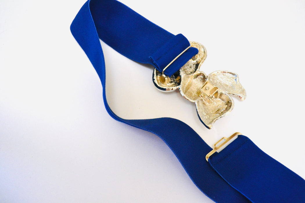 80s 90s Vintage Blue Silver Stretch Elastic Belt Silver Bow Metal Metallic Blue Silver Large Bow Wedding Belt Medium Large 26-35"