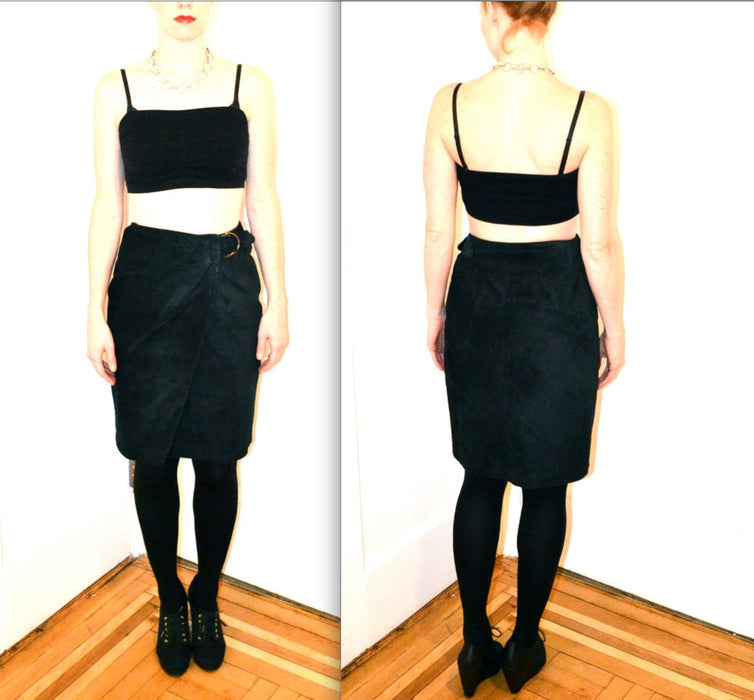 90s Vintage Suede Leather Skirt Black// Vintage Black Suede Wrap Skirt size Small Medium