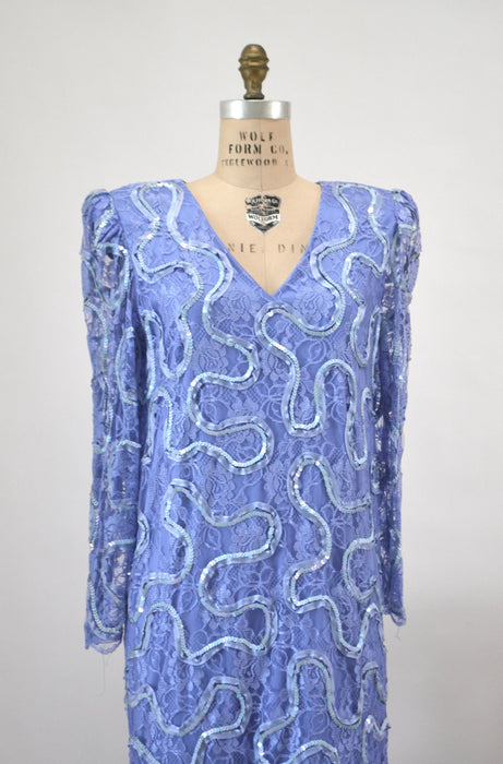 Vintage 80s Lavender Lace Sequin Dress Metallic Purple Long Sleeve Dress Medium Large// 80s Vintage Sequin Maternity Lace Barbie Dress