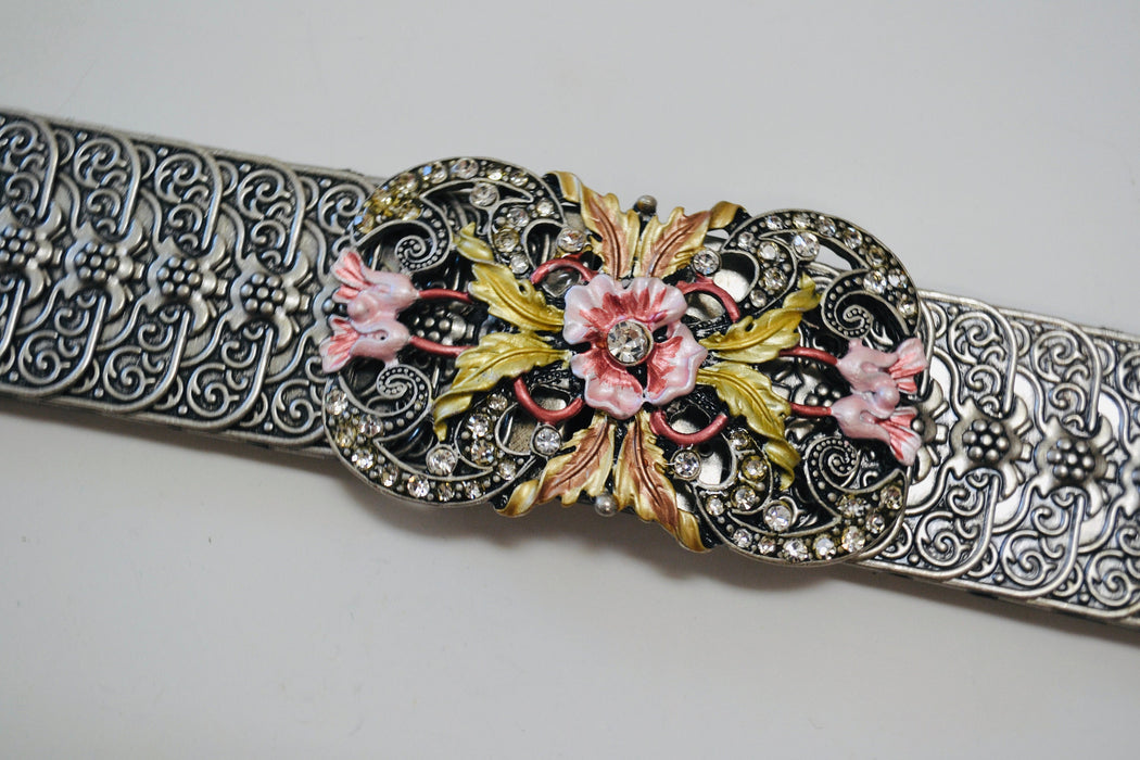 90s Y2k 2000s Vintage Silver Stretch Belt Metal Silver Rhinestone Flower Belt Buckle Western Cowgirl Silver Wedding Belt Small Medium large