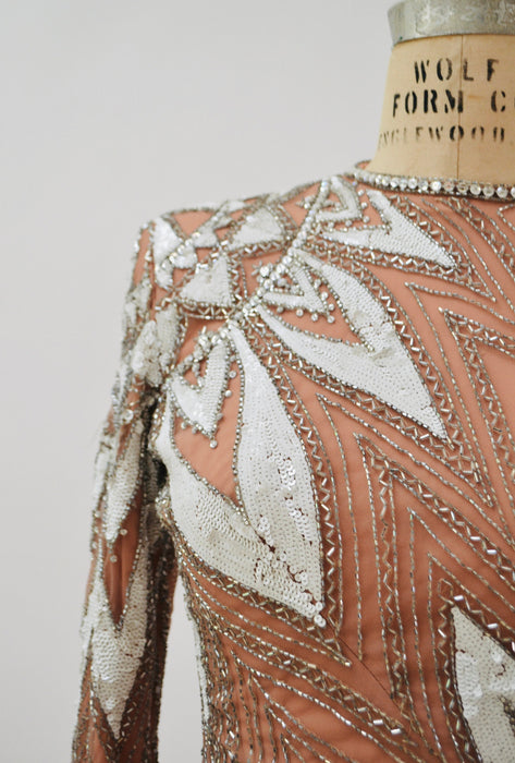 80s 90s Vintage White Cream Silver Beaded Sequin Gown Dress Small Medium Bob Mackie// Vintage Wedding Gown Beaded Long Sleeve Pageant Dress