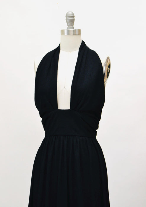70s Vintage Black Halter Dress Mr Boots XS Small 70s Party long Black Halter Neck Dress 70s Disco Long Black Knit  Plunging neckline Dress