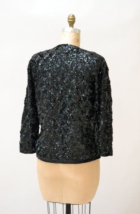 50s Vintage Black Sequin Jacket Sweater Cardigan Small Medium // Glam Vintage Black Sequin Party Jacket Cardigan Sweater Small Medium