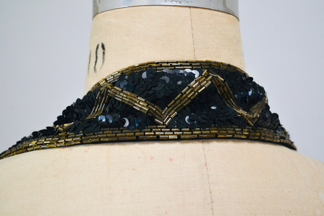 90s Vintage Black Halter Dress Sequin Beaded Metallic Halter Neck Cocktail Party Dress// 90s Black Metallic Sequin Dress Small Medium