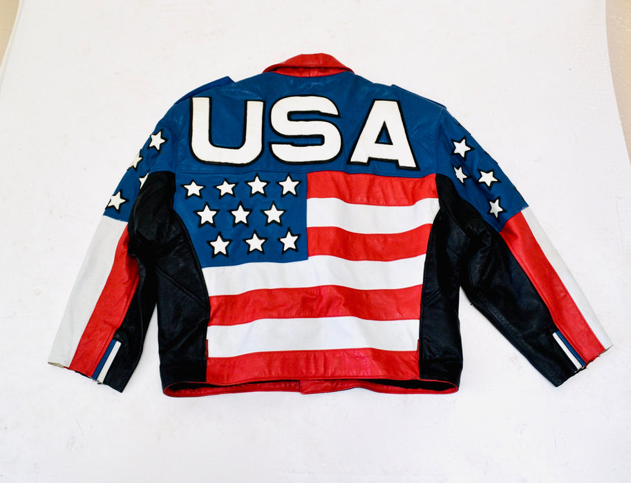 Mens Vintage Black Leather Motorcycle Jacket USA American Flag LA ROXX// Vintage Mens Leather Jacket Biker America Jacket L.A. Roxx