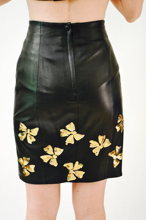 Vintage Black Leather Skirt Size Small Metallic Gold Sequin Bows Black leather Skirt 80s Glam By Lillie Rubin