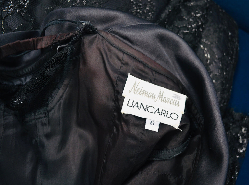 90s 00s Vintage Black Lace Dress off the shoulder Dress by Liancarlo// Black lace Dress XS Small Neiman Marcus