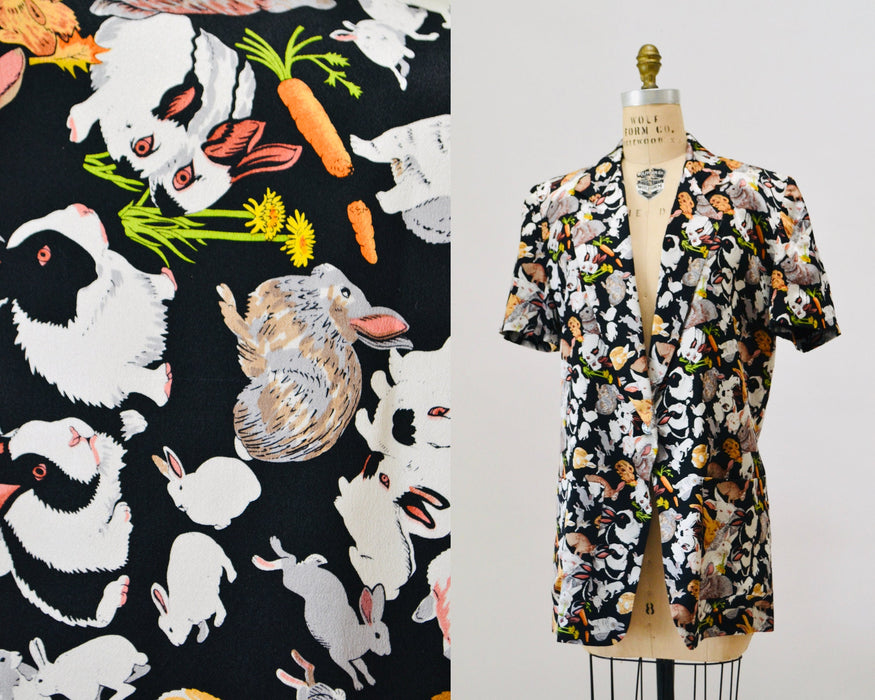 90s Vintage Bunny Jacket Nicole Miller Silk Jacket Large XL with Bunny Rabbits// Vintage Animal Print Silk Jacket Blazer Easter Bunny Jacket