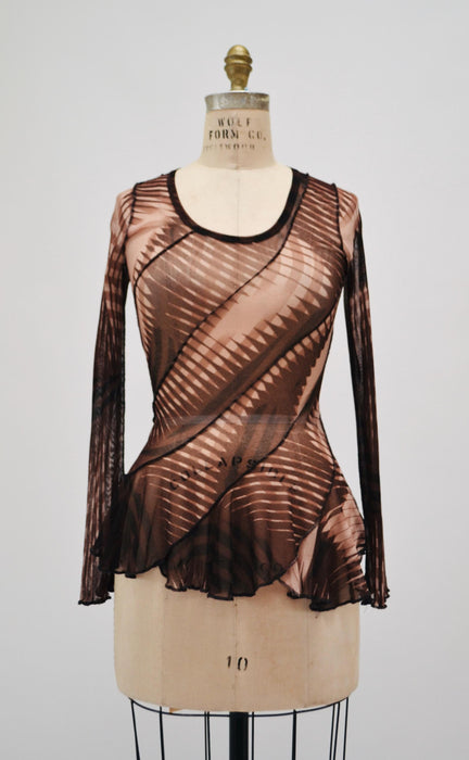 2000s Jean Paul Gaultier Soleil Mesh Shirt long sleeve Sheer op-art top Mesh Sheer Shirt Fashion top Jean Paul Gaultier Brown Tan Stripe