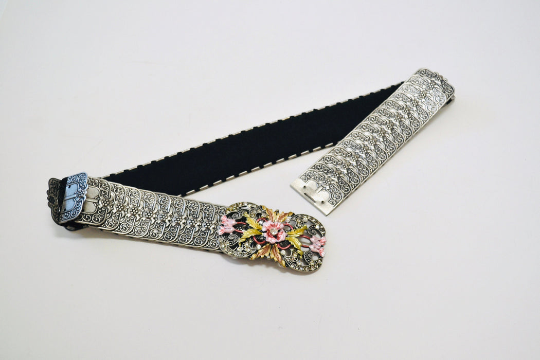 90s Y2k 2000s Vintage Silver Stretch Belt Metal Silver Rhinestone Flower Belt Buckle Western Cowgirl Silver Wedding Belt Small Medium large