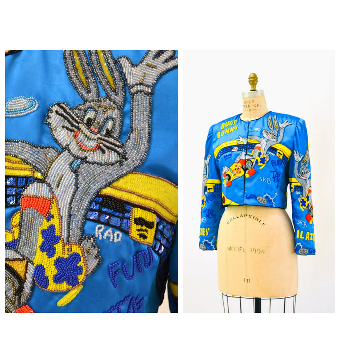 90s Vintage Jeanette Kastenberg Sequin Beaded Jacket Looney Tunes Bugs Bunny Skater Taz Cartoon Beaded Jacket Small Medium Blue Yellow