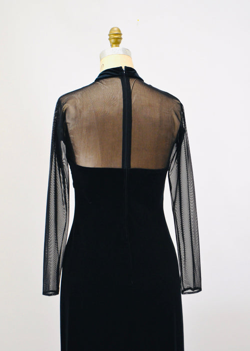 90s Vintage Black Velvet Prom Dress Illusion Dress Medium// Black Body Con 90s Prom Dress Bondage Dress Medium Sheer Sleeve long Black Dress