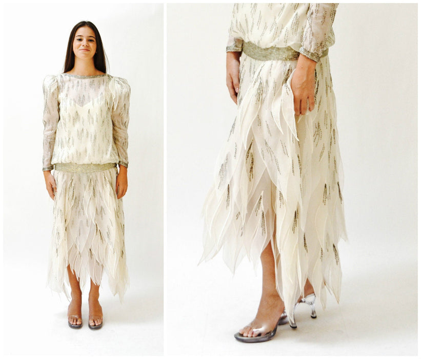80s does 20s Vintage Beaded Dress Silk Cream Off White Dress Small Medium Ruben Panis// 80s Vintage Beaded Dress Long Sleeve Flapper Dress