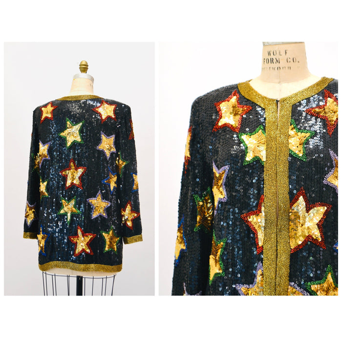 80s 90s Vintage Star Sequin Beaded Jacket Black Gold Metallic Star Sequin Jacket Medium// 80s 90s Glam Vintage Party Sequin Jacket Stars