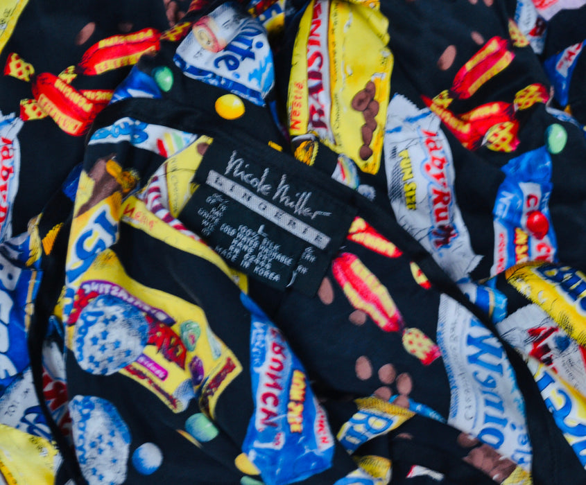 90s Vintage Nicole Miller Silk Shirt Size Large with Chocolate Candy Bar Food Print// 90s Pop art Conversational Print Silk Shirt