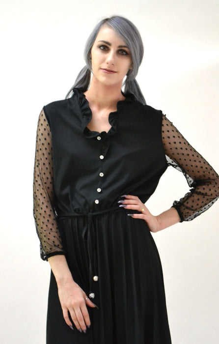 Vintage Black Dress Knit Medium Large Illusion Dress// 70s 80s Black Knit Dress Ruffle Neck Pleat Skirt Travel Dress Medium Large