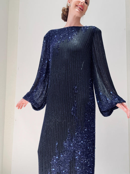 80s 90s Vintage Beaded Sequin Gown Dress Medium Large By Bob Mackie Blue Black Rhinestones Long Sleeve Blue Beaded Conservative Draped Gown