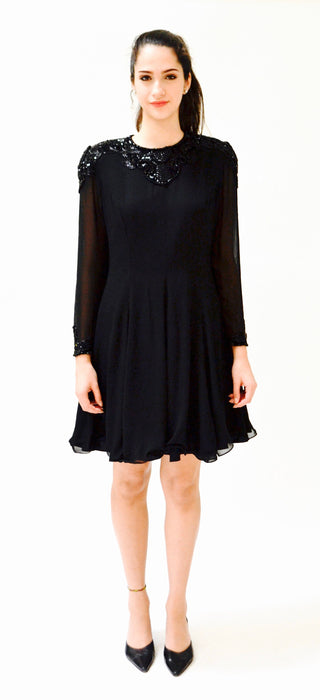 90s Vintage Black Silk Party Dress Black Sequin Beaded Dress Small Medium// 90s Prom Party Vintage Black Sequin Dress Long sleeve Dress