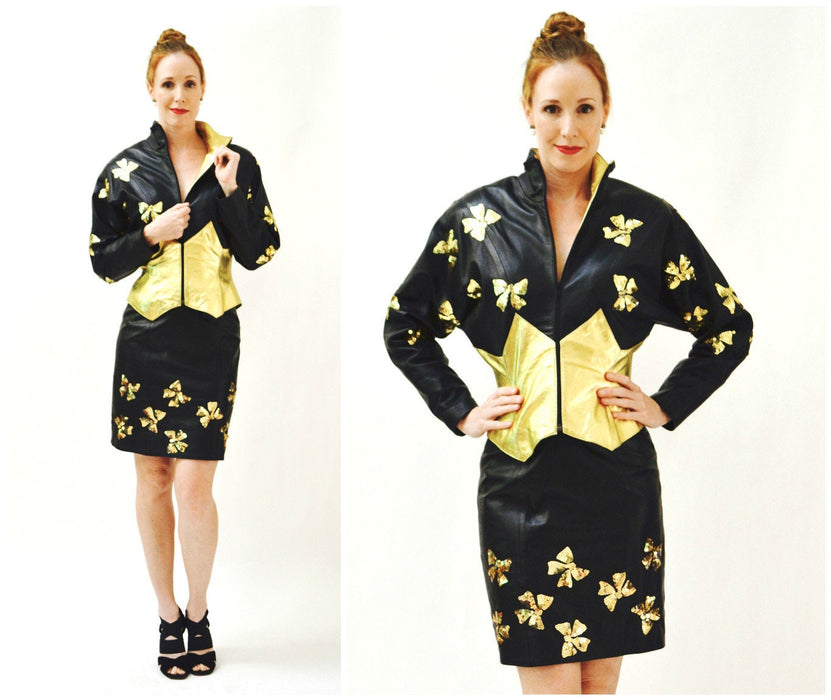 Vintage Sequin Leather Jacket Black and Gold Metallic Sequin Jacket Bows 80s Glam Leather Jacket by Lillie Rubin Size Small Medium